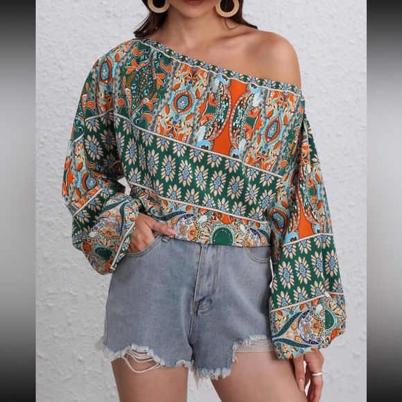 Boho floral print off shoulder lantern sleeve blouse - Picture 2 of 16
